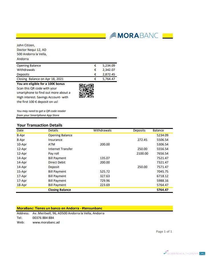 Download Andorra MoraBank bank statement excel Photoshop template